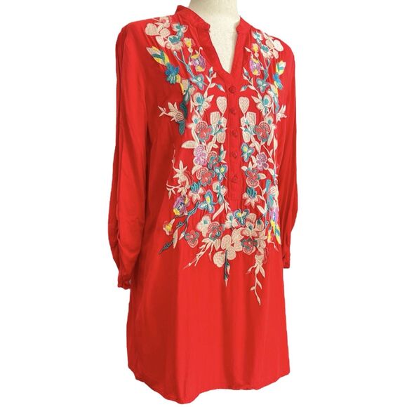 Luna Moon Embroidered Tunic Top Size M Boho Vibrant Red Orange Gypsy Festival - Picture 15 of 15